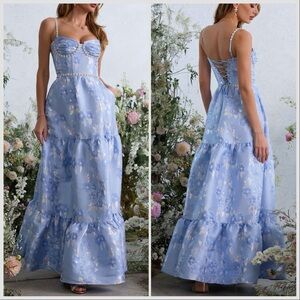 V. Chapman Lucetta Corset Tiered Maxi Dress Chambray Blue Baroque Sz 12